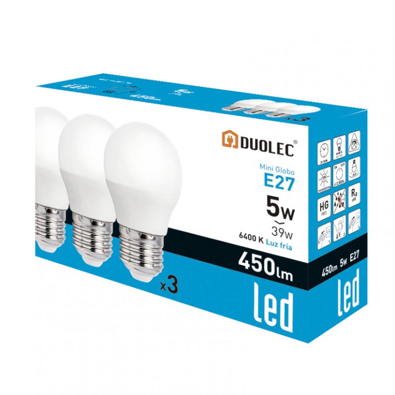 DUOLEC Pack 3 lâmpadas miniglobo LED 5W 6400K luz fria
