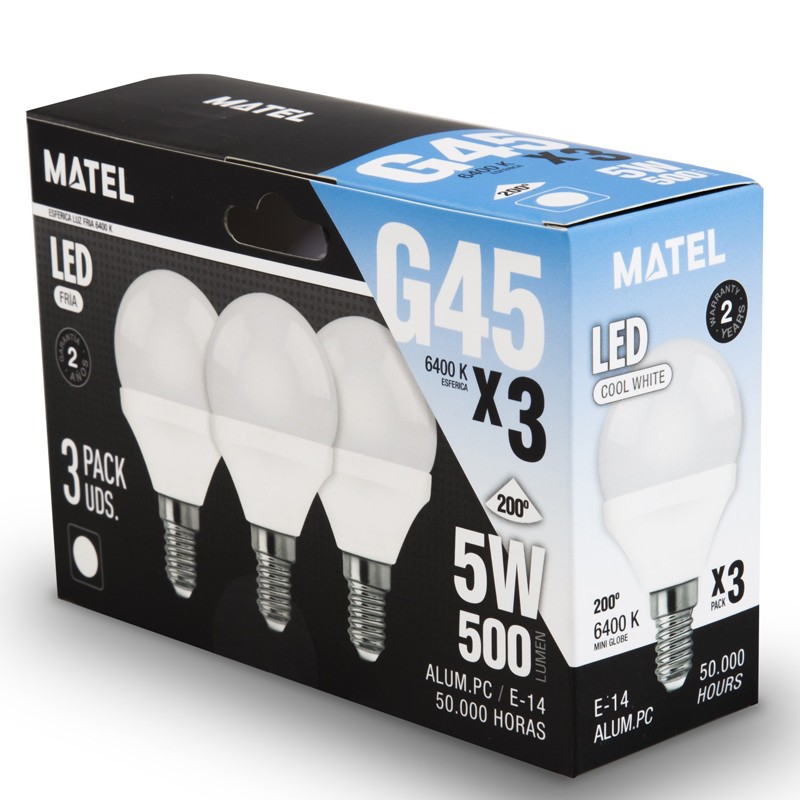 Lampadina LED sferica Alfa Dyser Confezione da 3 unità. E14 5W Luce Fredda Matel