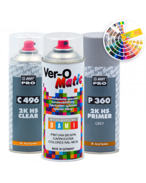 Brico-pinturas Dami Kit Spray Bicamada Carroceria Cores RAL-NCS + Verniz 2K + Primer 2K